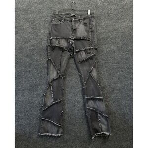 Valabasas Patchwork Flare Jeans Mens 34 Black Distressed Frayed Stretch Denim